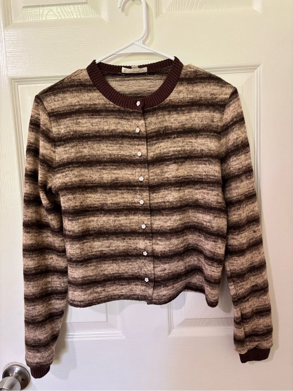 Striped Crewneck Button-Front Women's Sweater - Brown and Cream